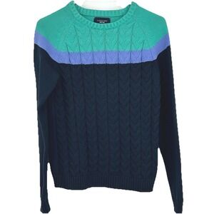 Lands' End Wms Sweater S Navy Teal Purple Colorblock Cable Knit Drifter Preppy